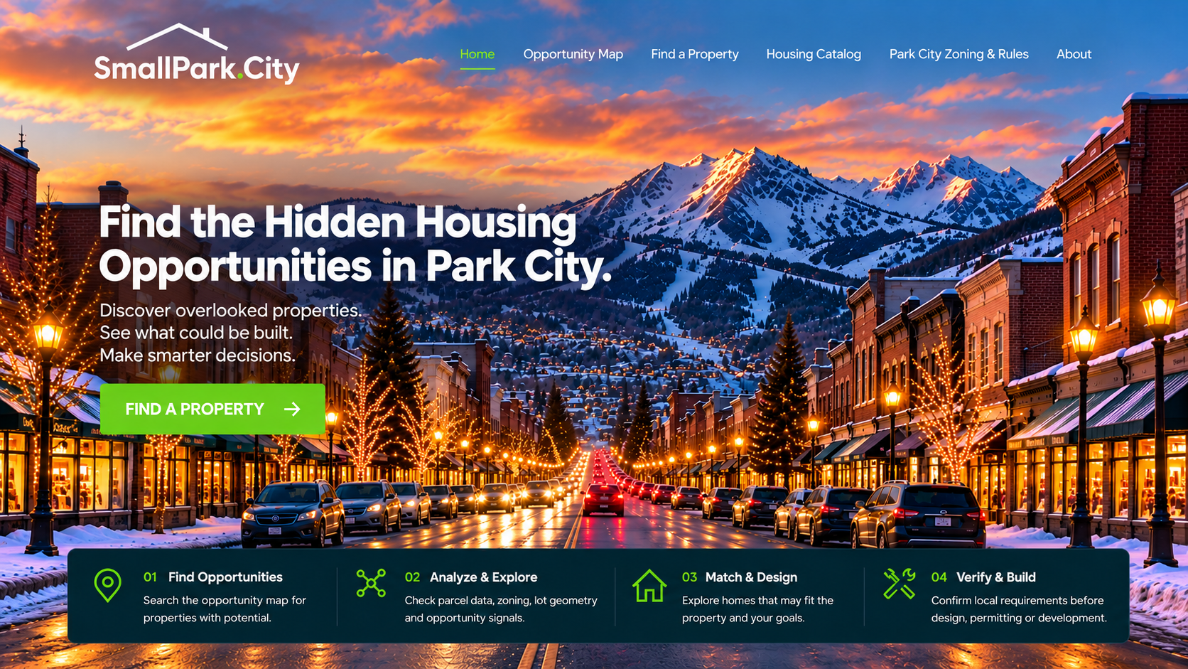 Park City at sunset, downtown street leading to snowy mountains. SmallPark.City housing opportunities homepage.